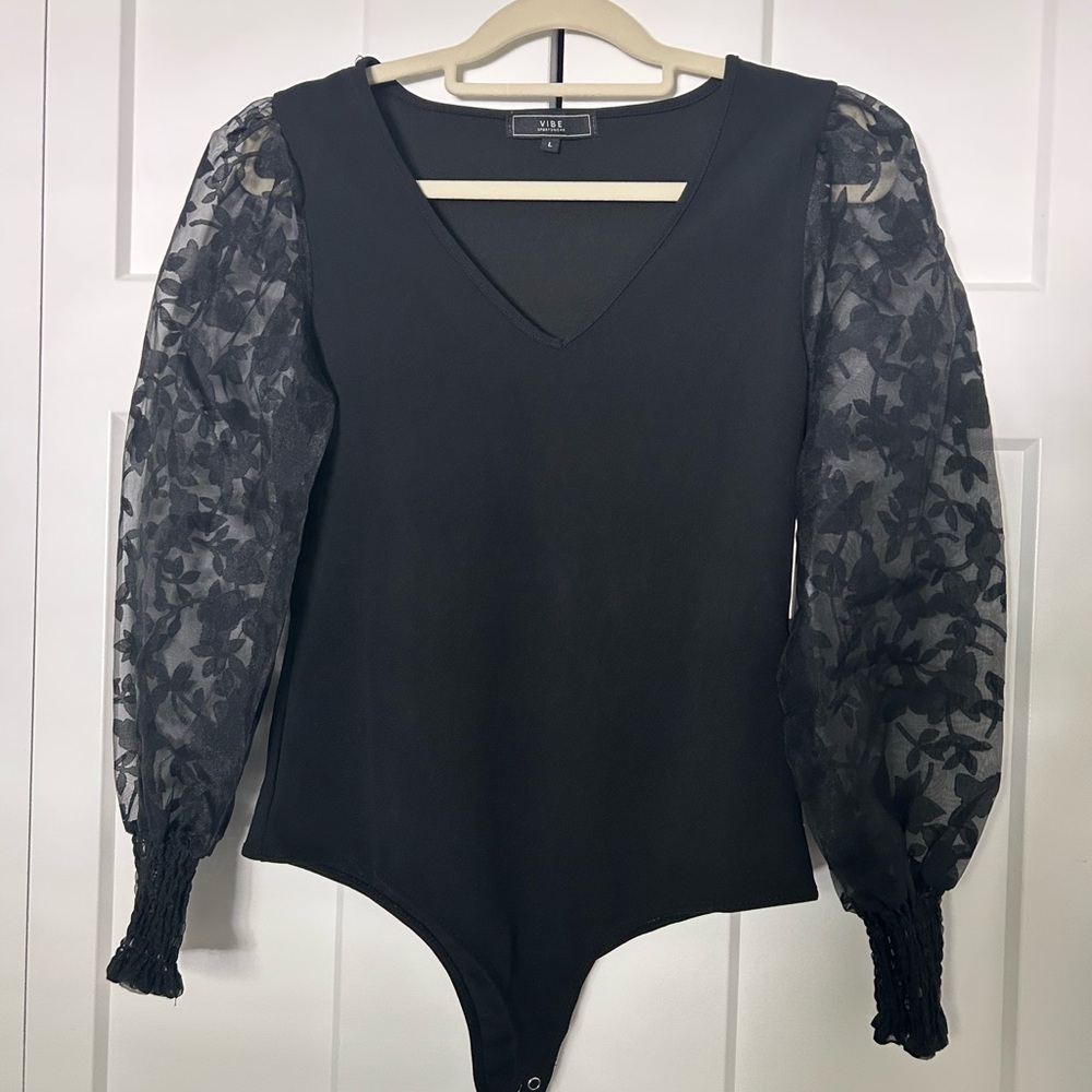 Vibe Black Bodysuit with Sheer Floral Sleeves
